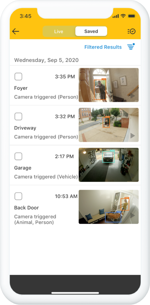 Smartphone display of security cameras through the MyGuardianAlarm mobile app