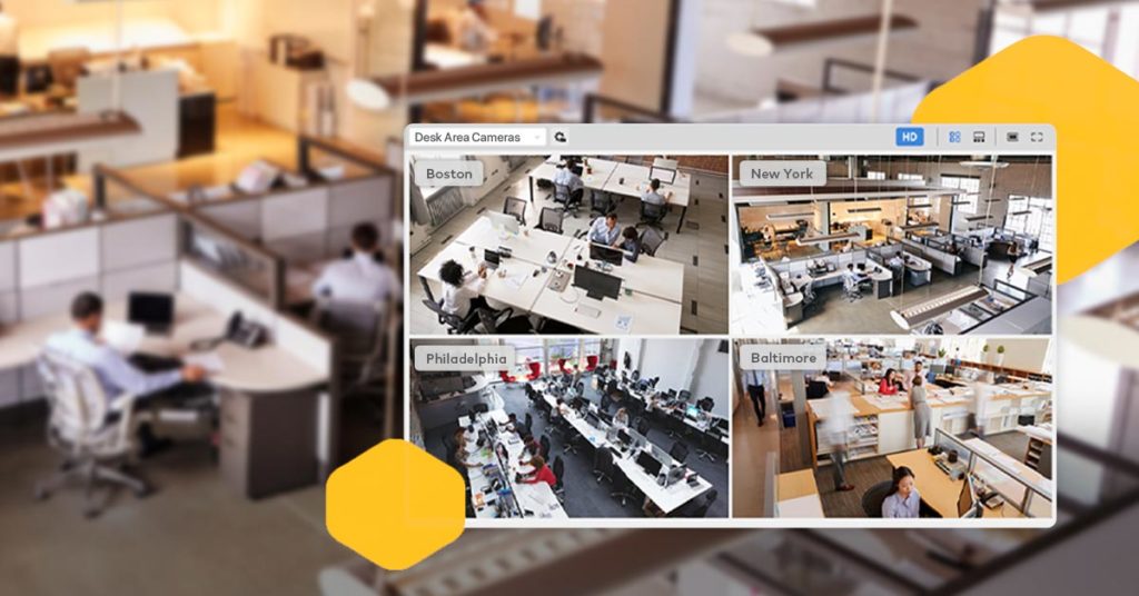 Multiple security camera views of offices across the United States