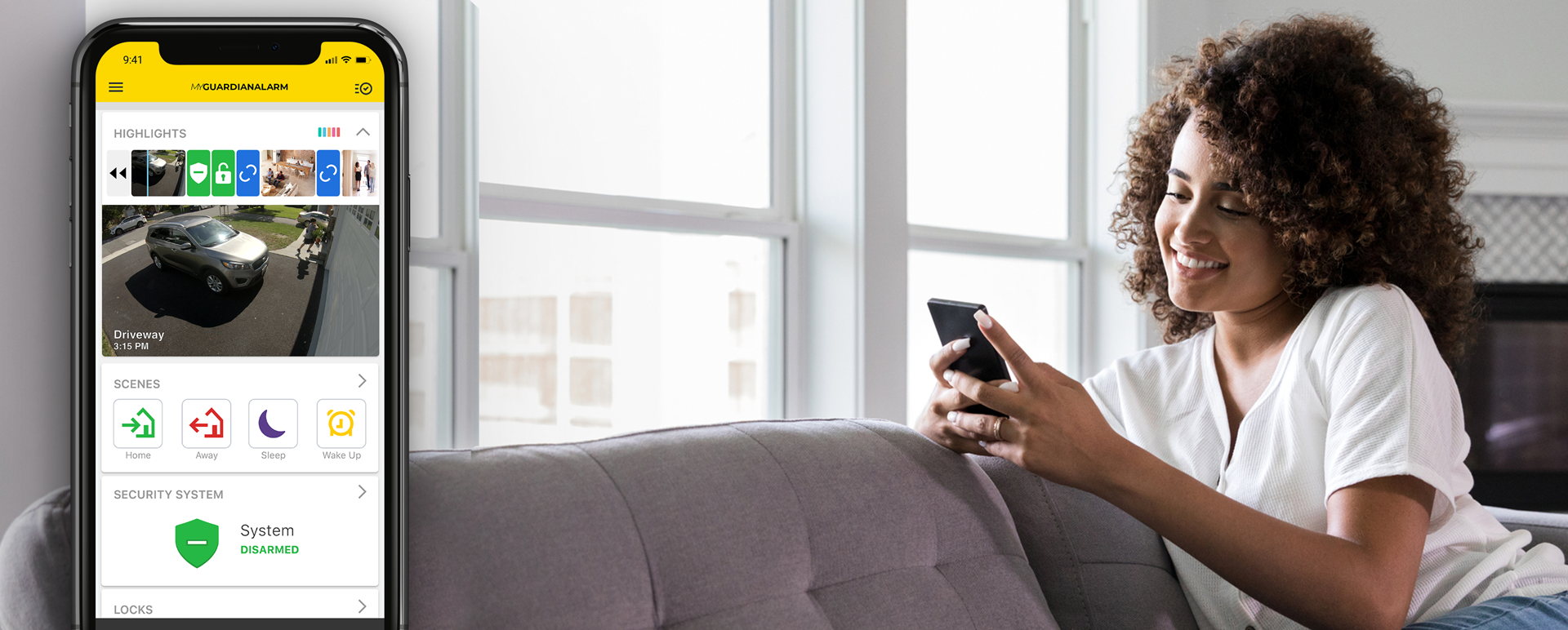Person on their smartphone checking their security camera footage on the MyGuardianAlarm mobile app